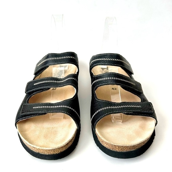 Mephisto Three Strap Slide Sandals Black Leather Low Wedge Velcro Open Toe 42 - Picture 4 of 9